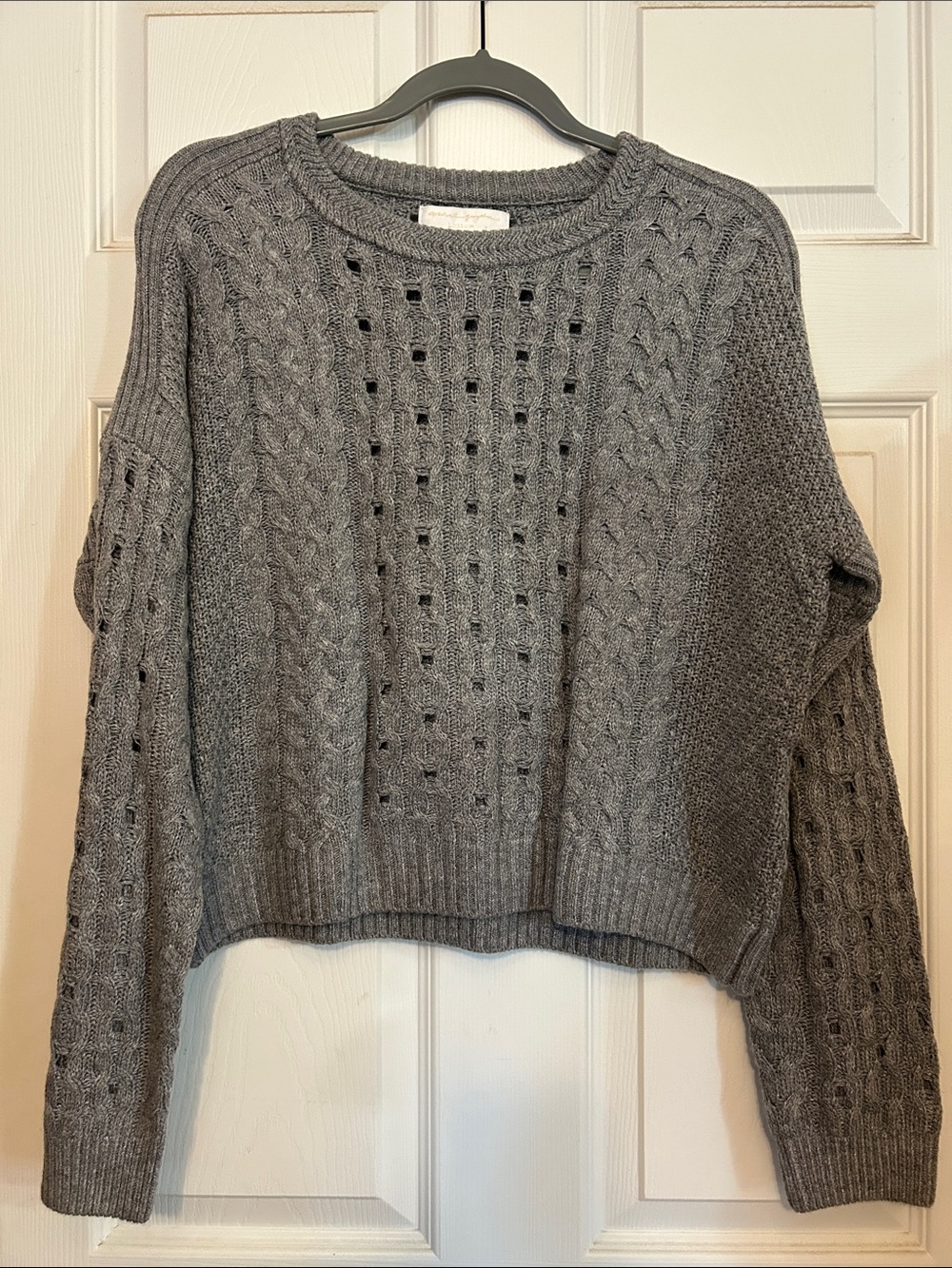 Spiritual Gangster Gray Openwork Cable Knit Crewneck Sweater